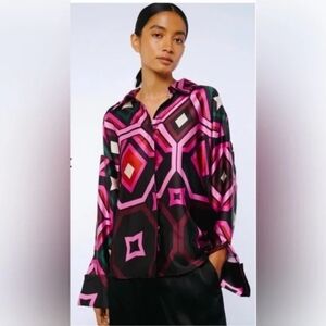 Ciebon Retro Geometric Print Pink Black Multi Women's Relaxed Satin Top, Size XS